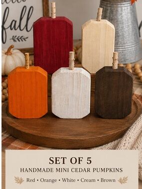 Handmade Cedar Wood Pumpkins Set of 5 Rustic Fall Autumn Decor
